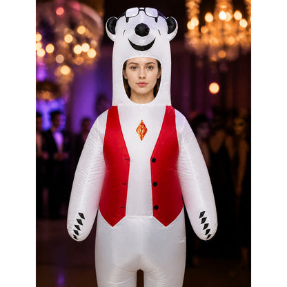 Unisex White Polar Bear Animal Onesie Costume with Red Vest Front and Black on-model view