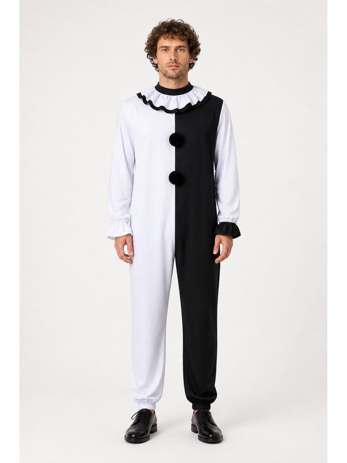 Black-and-White Clown Jumpsuit with Ruffled Collar main product view