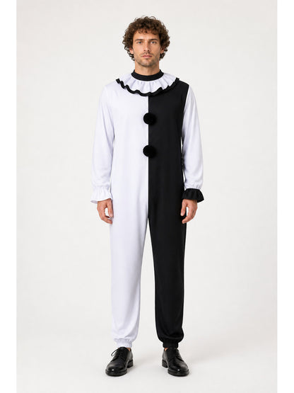 Black-and-White Clown Jumpsuit with Ruffled Collar main product view