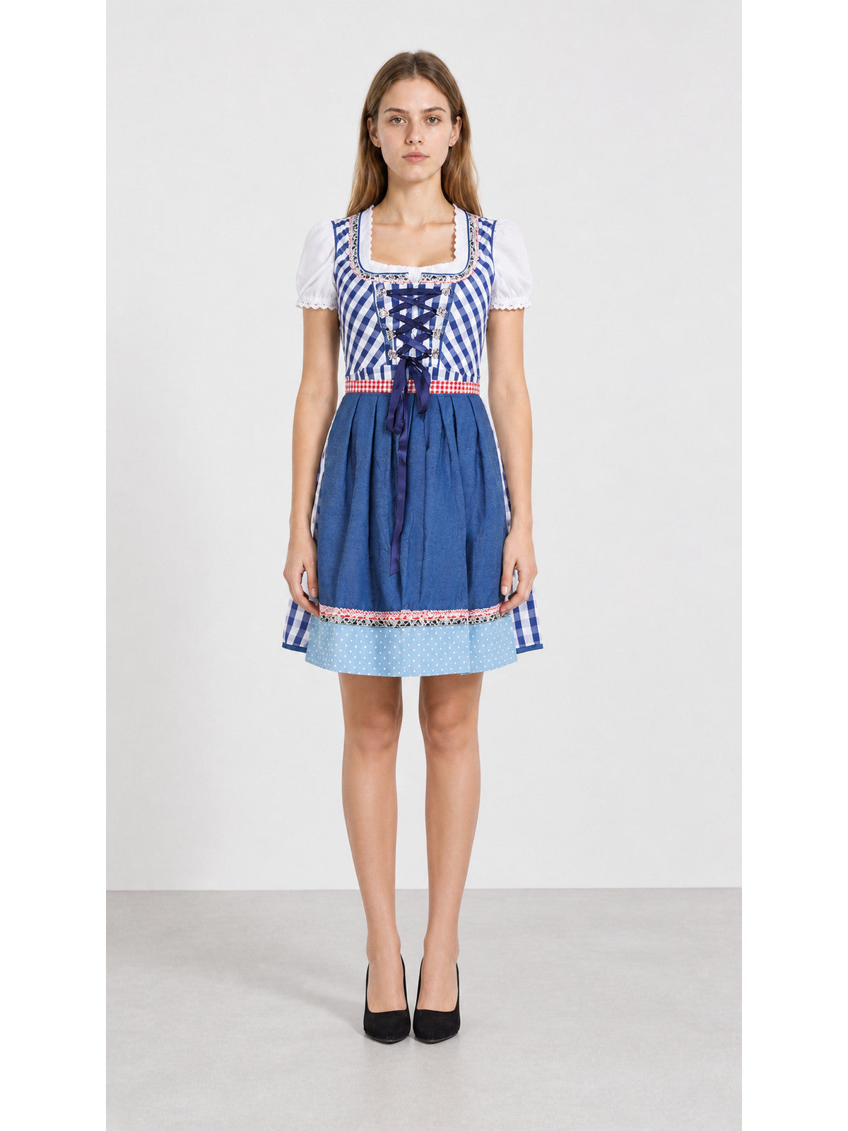 Folk-Style Plaid and Polka Dot Dress with Bow main product view