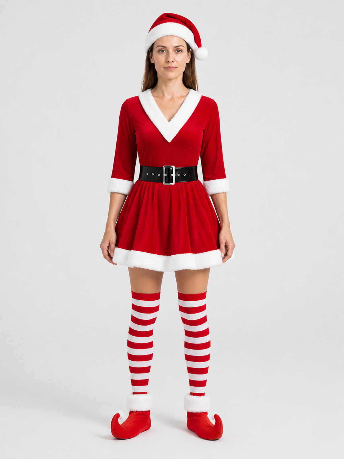 Santa Claus Christmas Costume: Dress, Hat, Belt on-model view