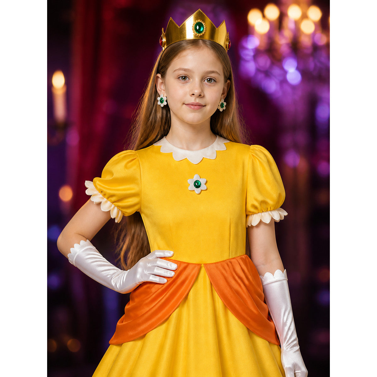 Kids Princess Yellow Dress Costume Set with Crown and Gloves for Halloween on-model view