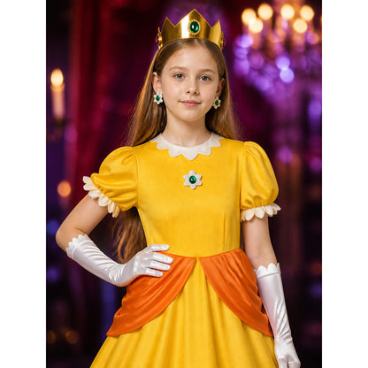 Kids Princess Yellow Dress Costume Set with Crown and Gloves for Halloween on-model view