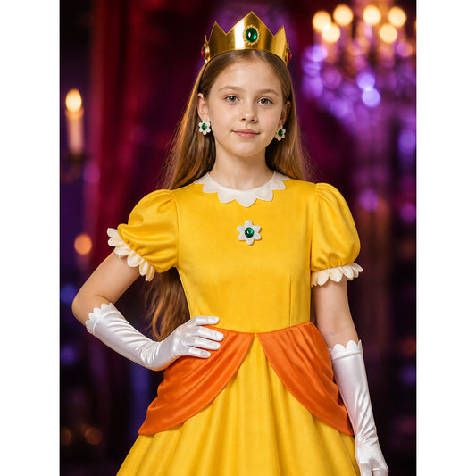 Kids Princess Yellow Dress Costume Set with Crown and Gloves for Halloween on-model view