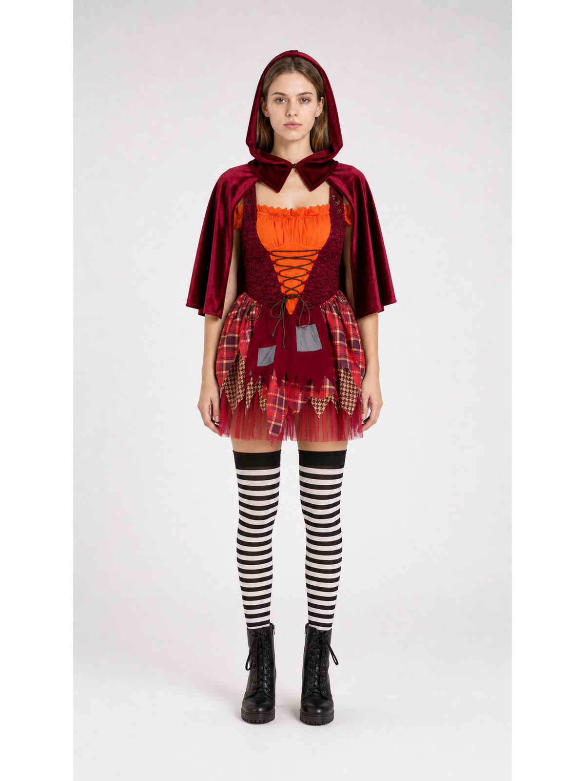 Witch costume with a red skirt and hooded cape main product view