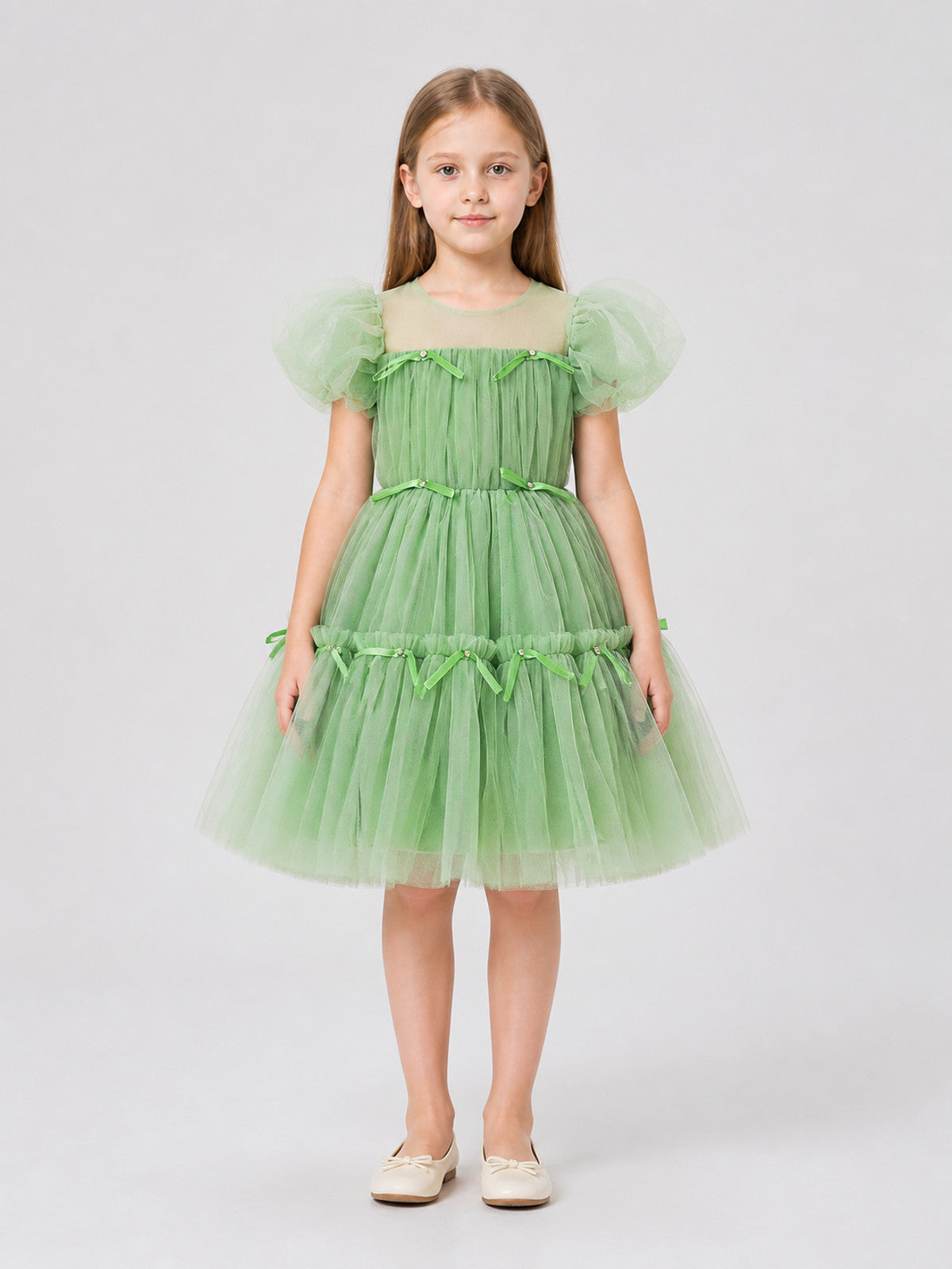 Festive Princess Dress with a Full Skirt and Bows on-model view