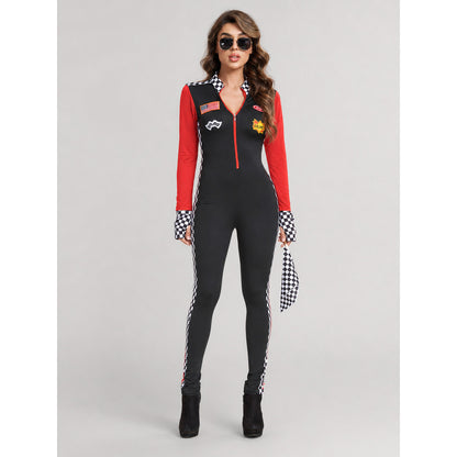 Racing-Style Zip-Up Jumpsuit, Red and Black