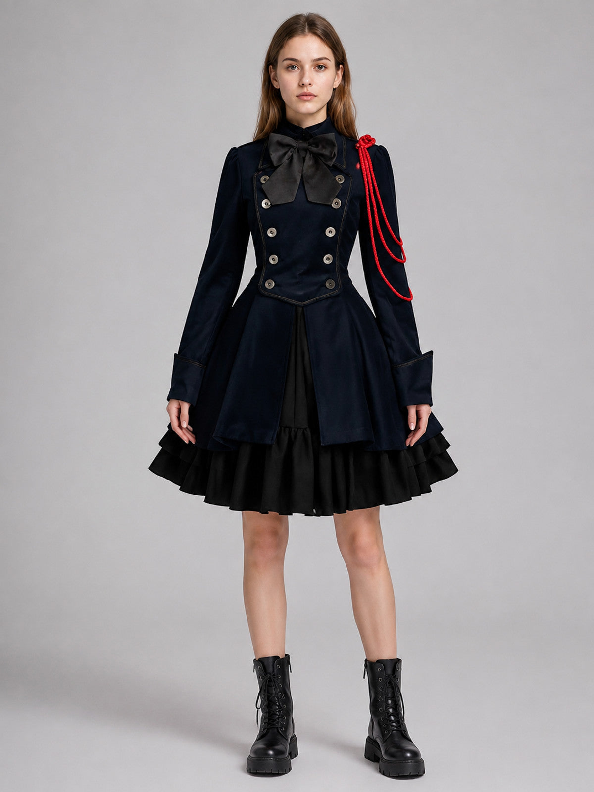 Gothic cosplay dress with bow and ruffle on-model view
