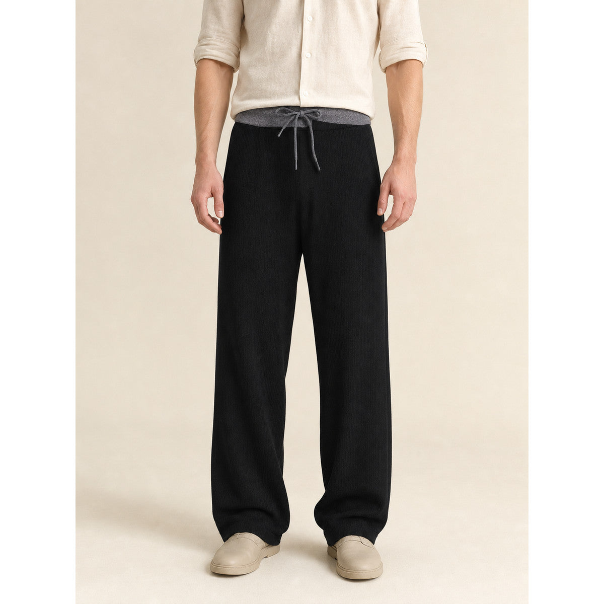 Layered long-sleeve top with contrast trim on-model front view