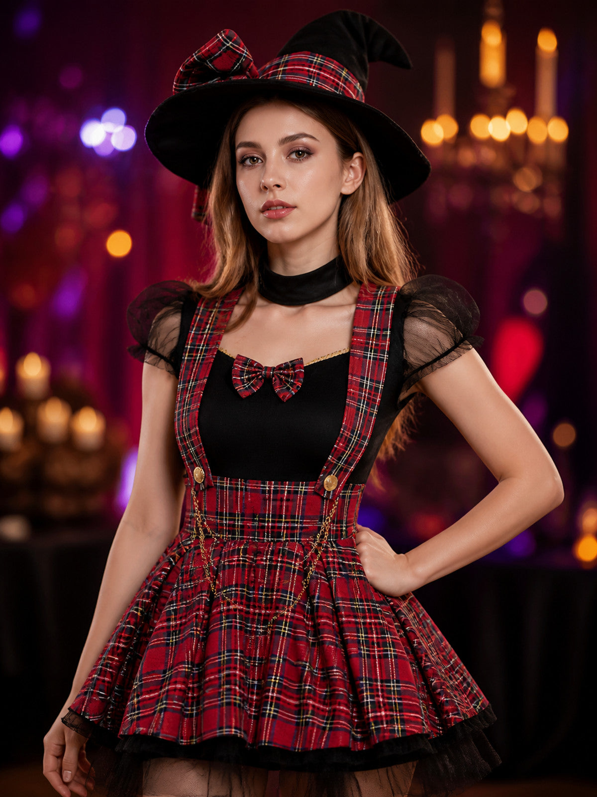 Women's Red Black Plaid Witch Dress Costume Set with Hat on-model view