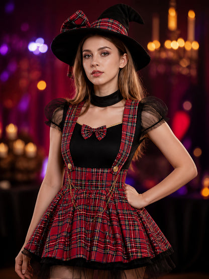 Women's Red Black Plaid Witch Dress Costume Set with Hat on-model view