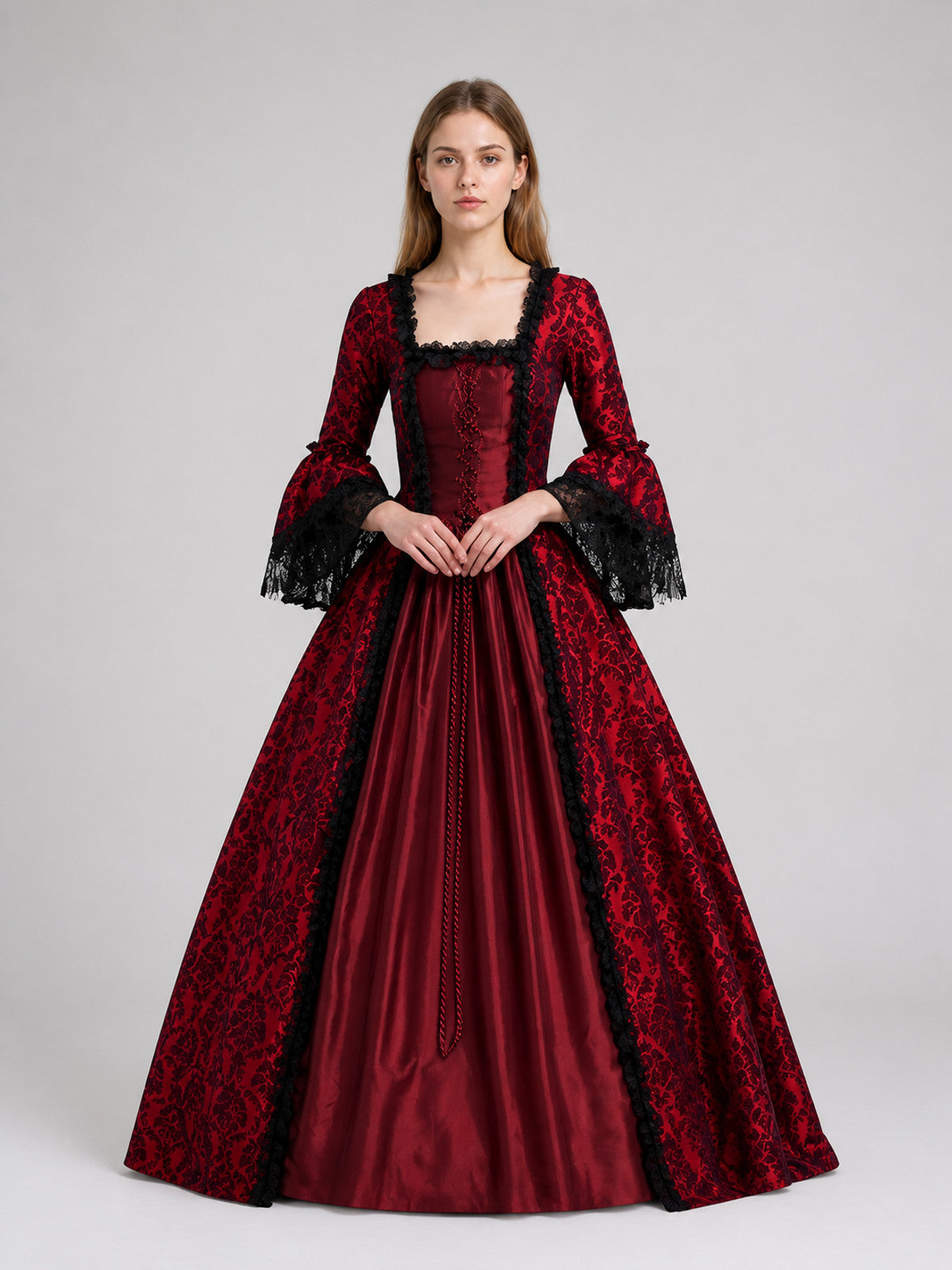Burgundy Dress with a Square Neckline and Lace-Up Detail on-model view