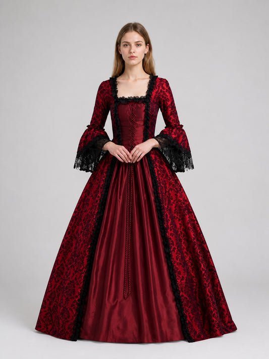Burgundy Dress with a Square Neckline and Lace-Up Detail on-model view