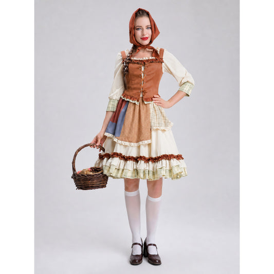Historical character costume with a corset-style bodice and ruffles