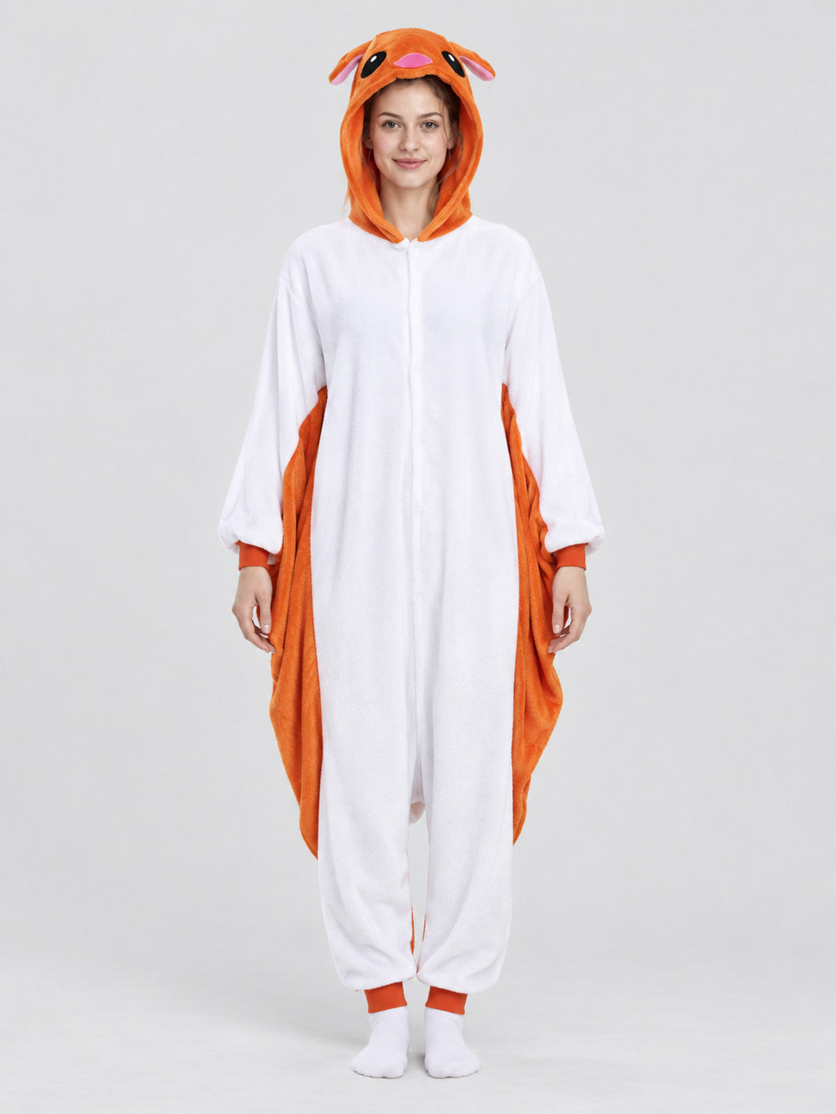 Hooded Pajama Jumpsuit with Animal Face, White and Orange