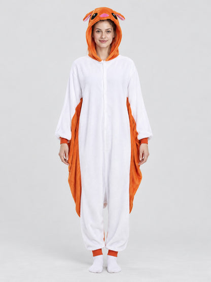 Hooded Pajama Jumpsuit with Animal Face, White and Orange
