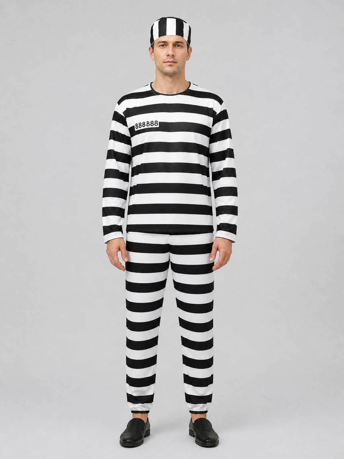 Black-and-White Prison Stripe Cosplay Costume Set on-model view