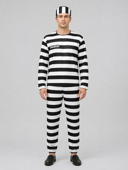 Black-and-White Prison Stripe Cosplay Costume Set on-model view