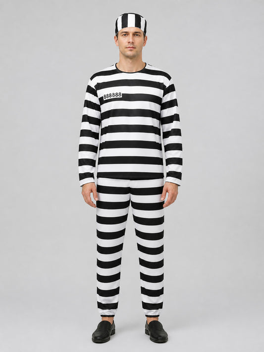 Black-and-White Prison Stripe Cosplay Costume Set on-model view