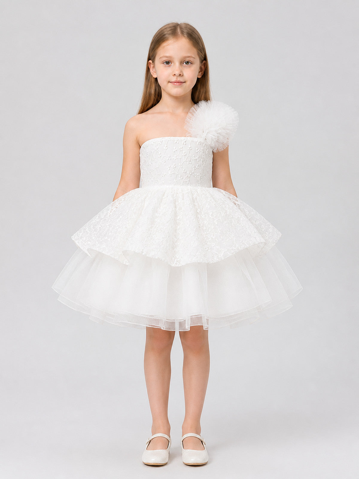 White Princess Dress for Girls with Lace and Tulle on-model view
