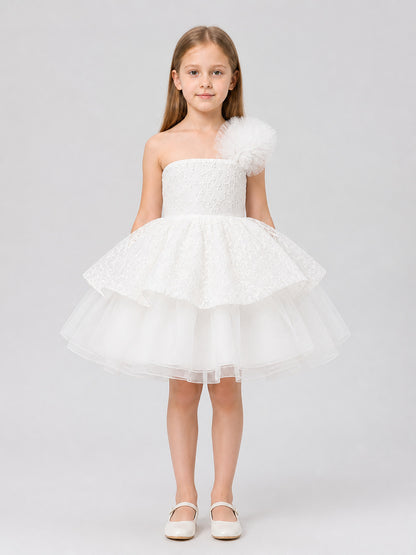 White Princess Dress for Girls with Lace and Tulle on-model view