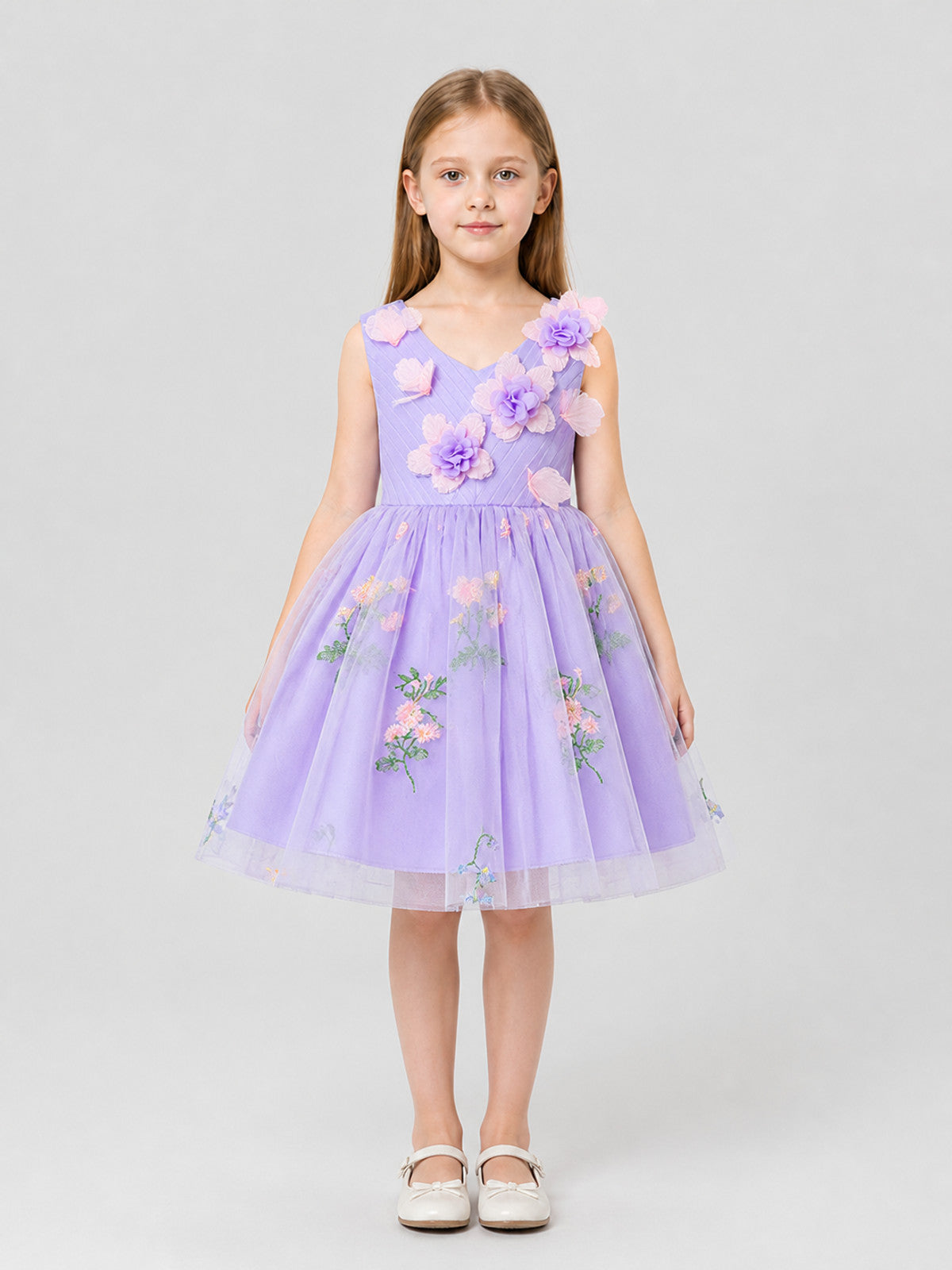 Full-Skirt Dress with Floral Embroidery and Butterflies on-model view