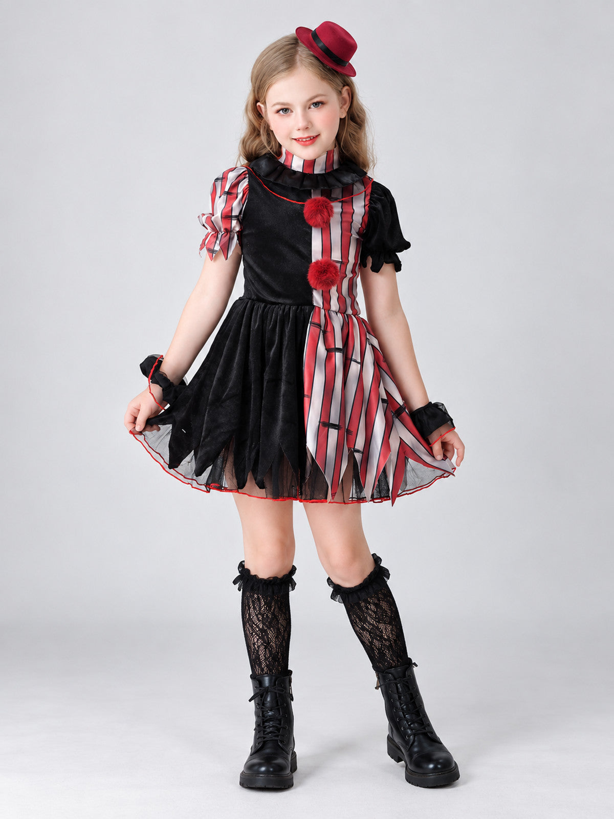 Kids' Clown Costume with Pom-Poms and Hat