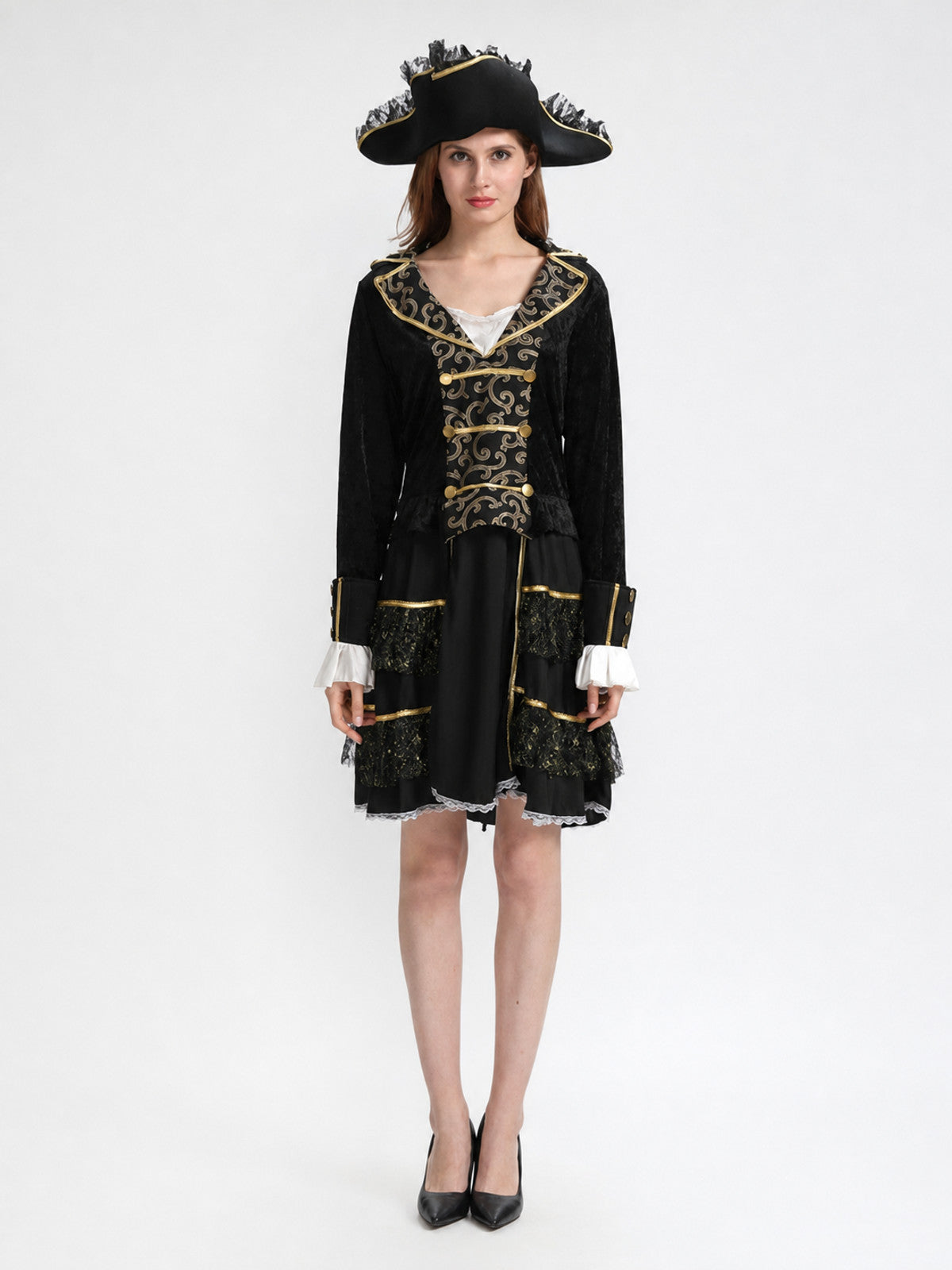 Pirate Carnival Costume with Hat and Dress on-model view