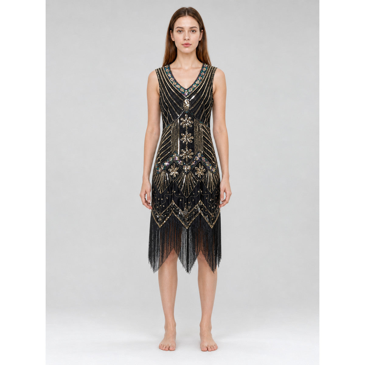 Art Deco Dress with Geometric Decoration and Fringe