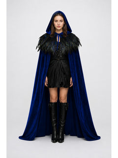 Blue Hooded Feathered Carnival Cape