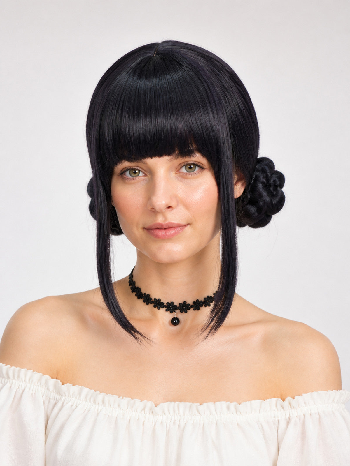 Black cosplay wig with two buns and bangs main product view
