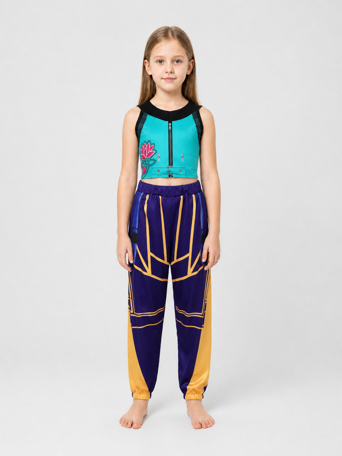 Children's demon hunter costume with a top and pants on-model view