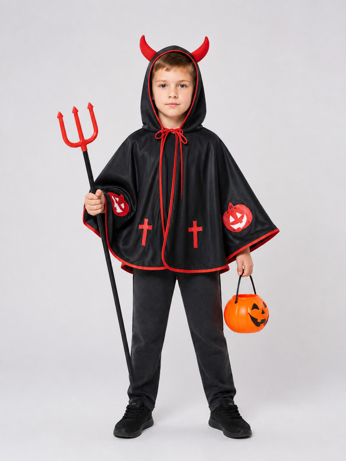 Carnival Cape with Hood, Horns, Pitchfork, and Bucket on-model view