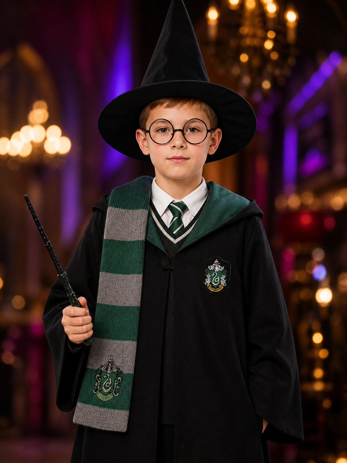 Green Wizard Costume Set with Hooded Robe, Striped Scarf, Hat, Wand and Glasses on-model view