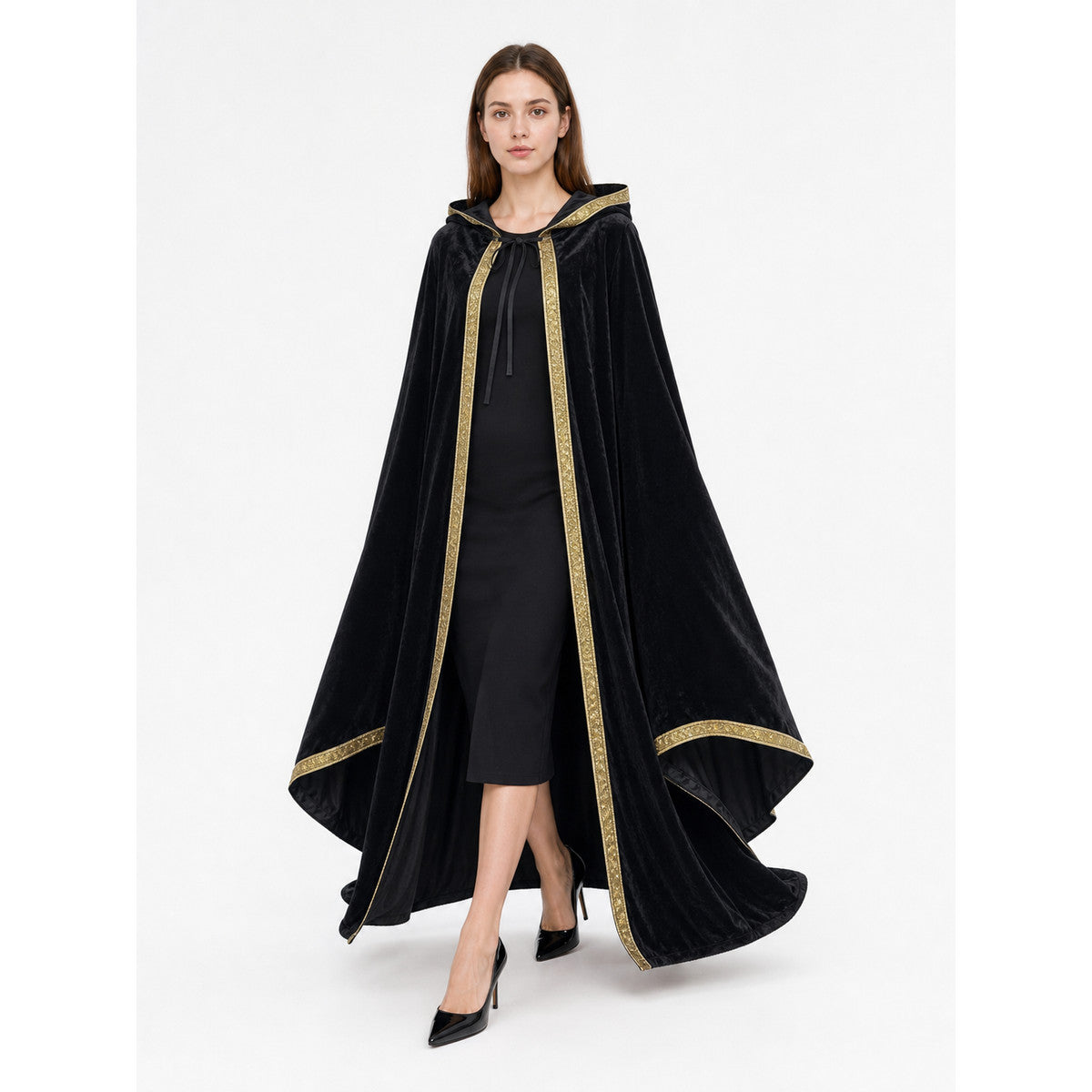 Black Hooded Medieval Carnival Cloak front view