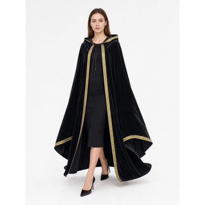 Black Hooded Medieval Carnival Cloak front view