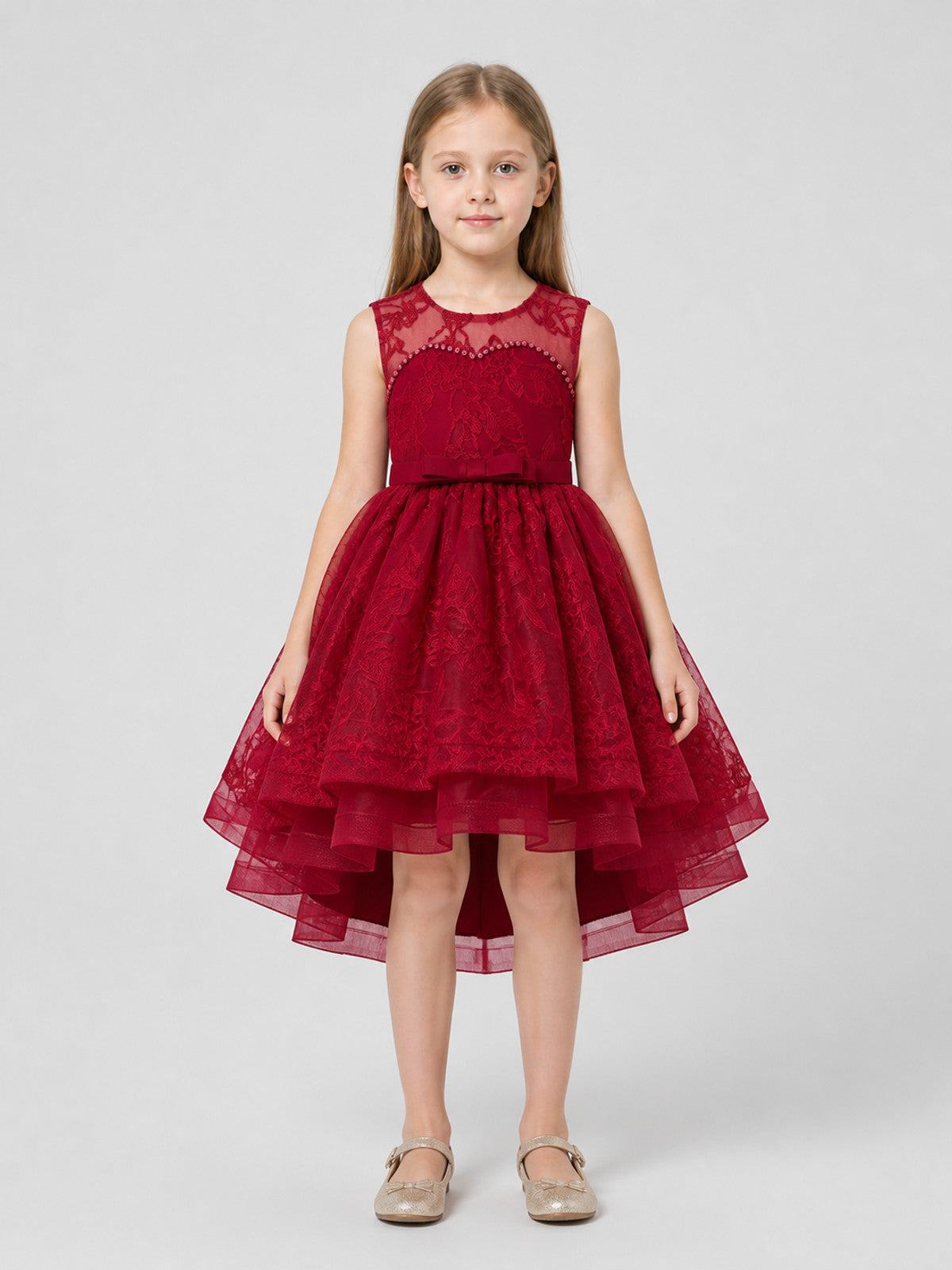 Dressy Dress with Lace, Bow, and Full Skirt on-model view