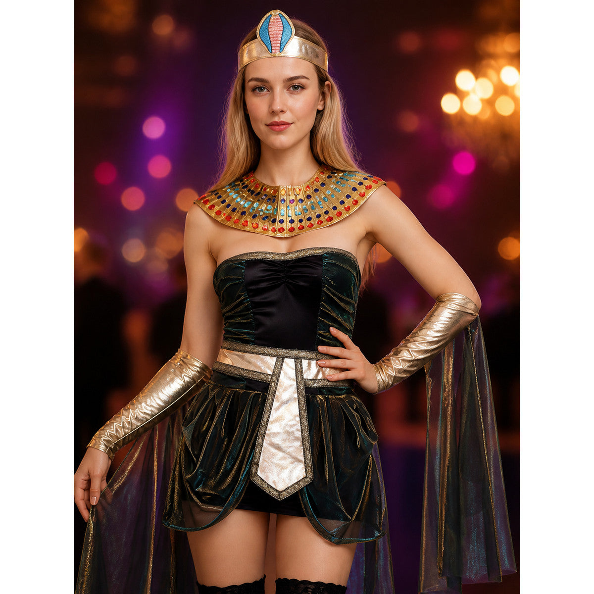 Egyptian Cleopatra Costume Dress Set with Headpiece, Shawl, Sleeves and Belt on-model view