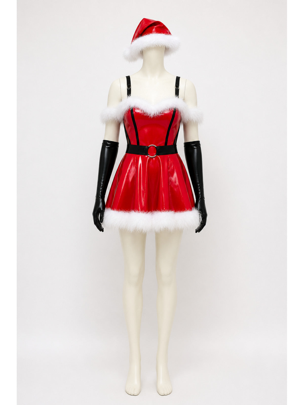 Red New Year's Costume with White Fur Trim and Belt main product view
