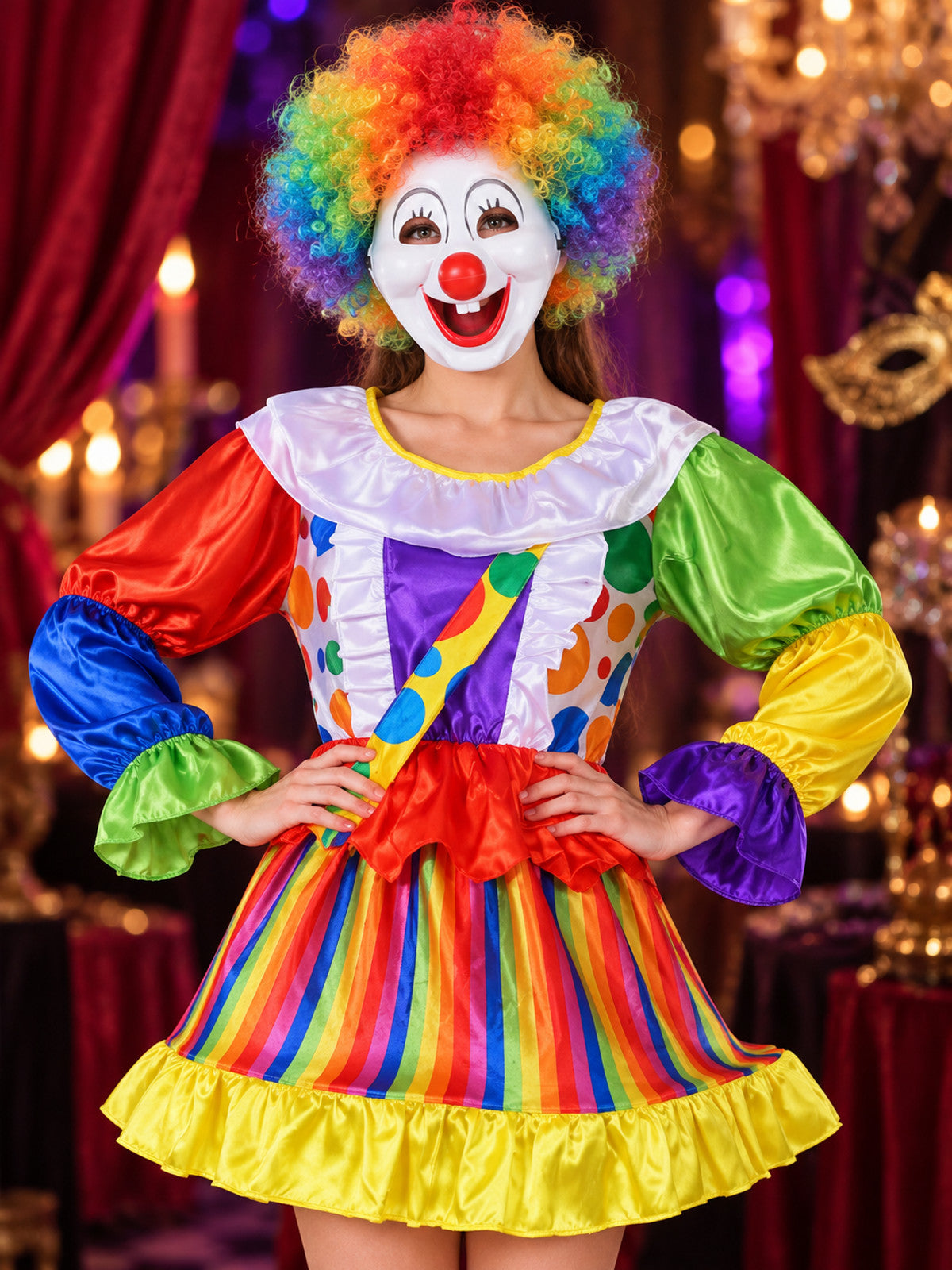 Colorful Clown Costume for Adults: Dress, Wig, Mask