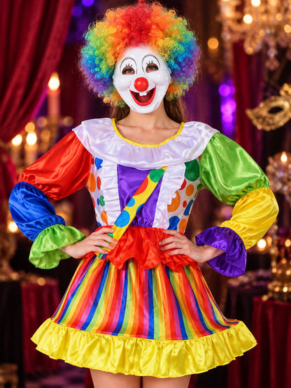 Colorful Clown Costume for Adults: Dress, Wig, Mask