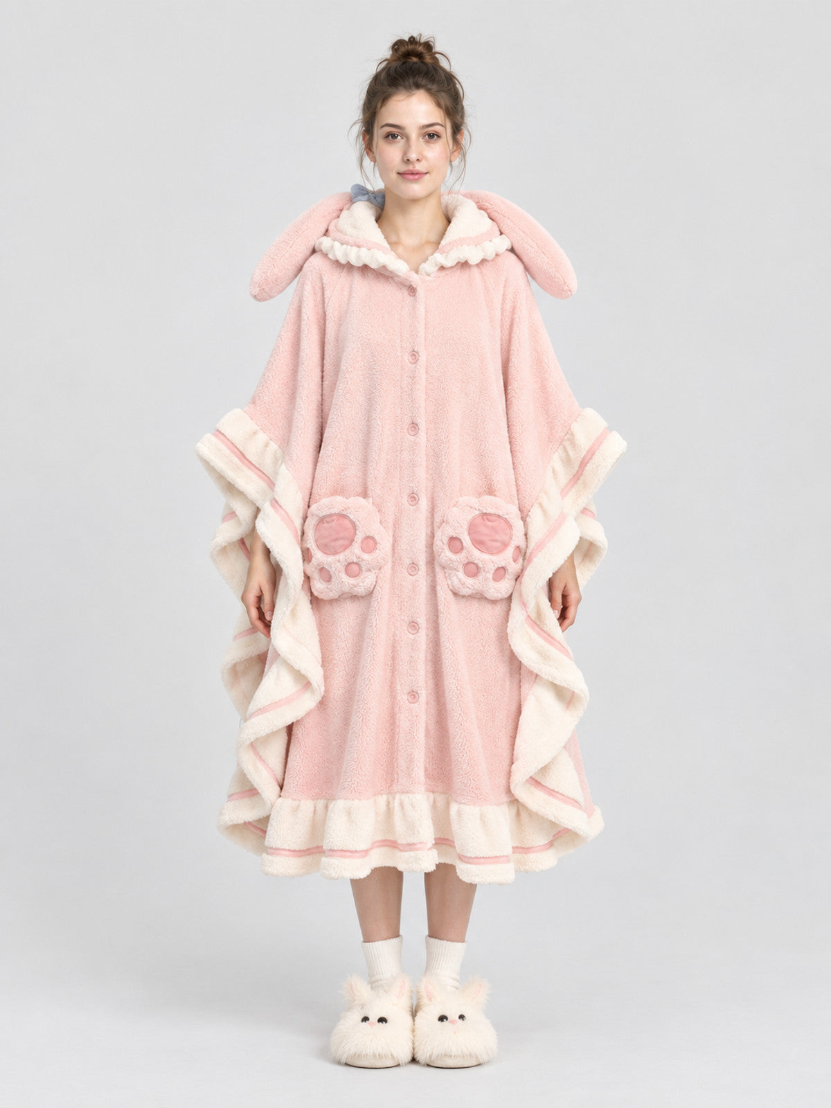 Pink Hooded Coral Fleece Poncho Robe