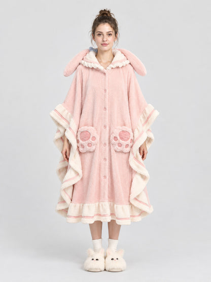 Pink Hooded Coral Fleece Poncho Robe