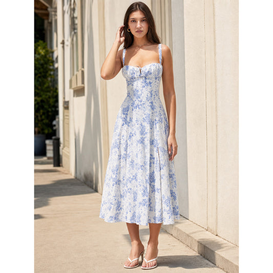 Women's midi dress with thin straps and floral print