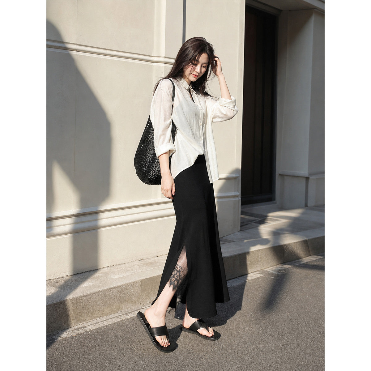 Women's Long Black Straight-Cut Skirt with a Slit