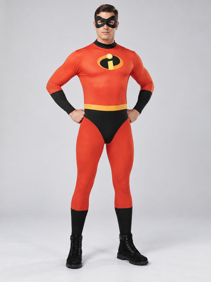 Adult superhero costume, red, with belt and mask