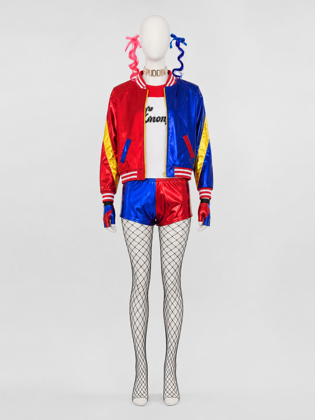 Harley Quinn Costume: Jacket, Shorts, Wig, and Accessories on-model view