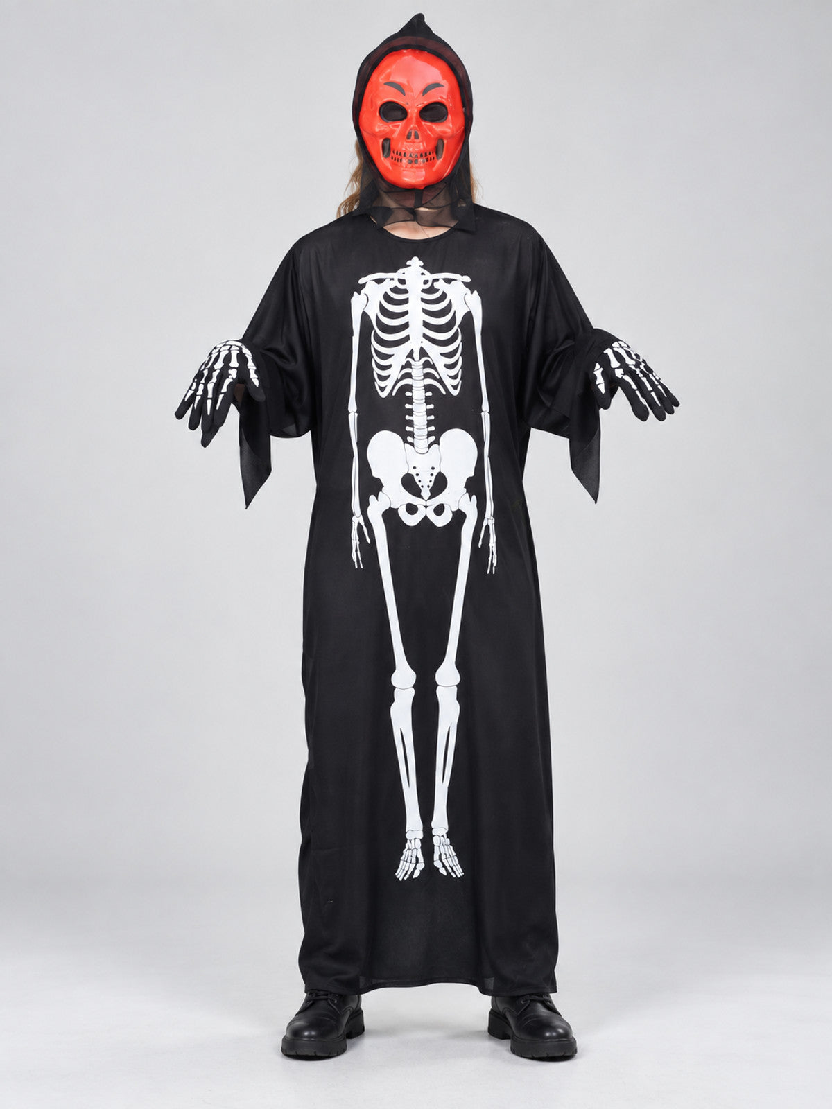 Skeleton Halloween Costume with Hood and White Print