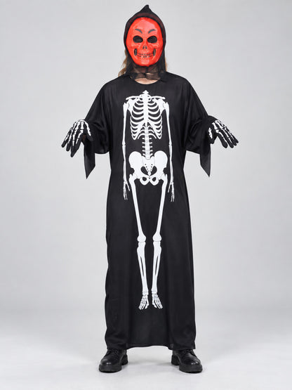 Skeleton Halloween Costume with Hood and White Print
