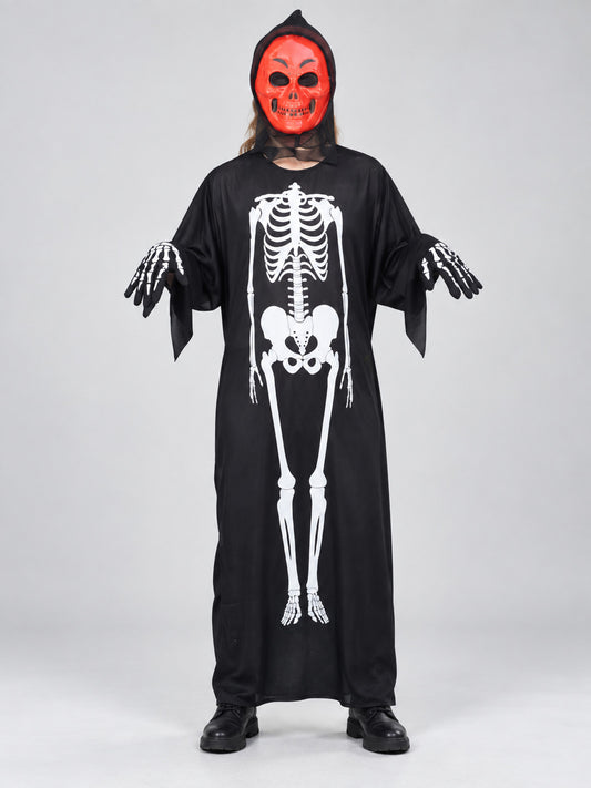 Skeleton Halloween Costume with Hood and White Print